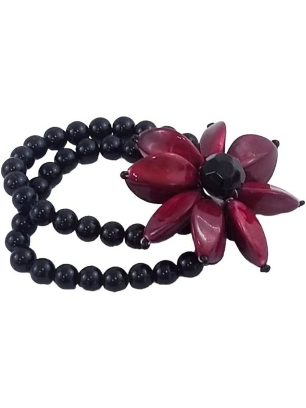 Black Beaded Double Stranded Stretch Bracelet Deep Red Acrylic Flower